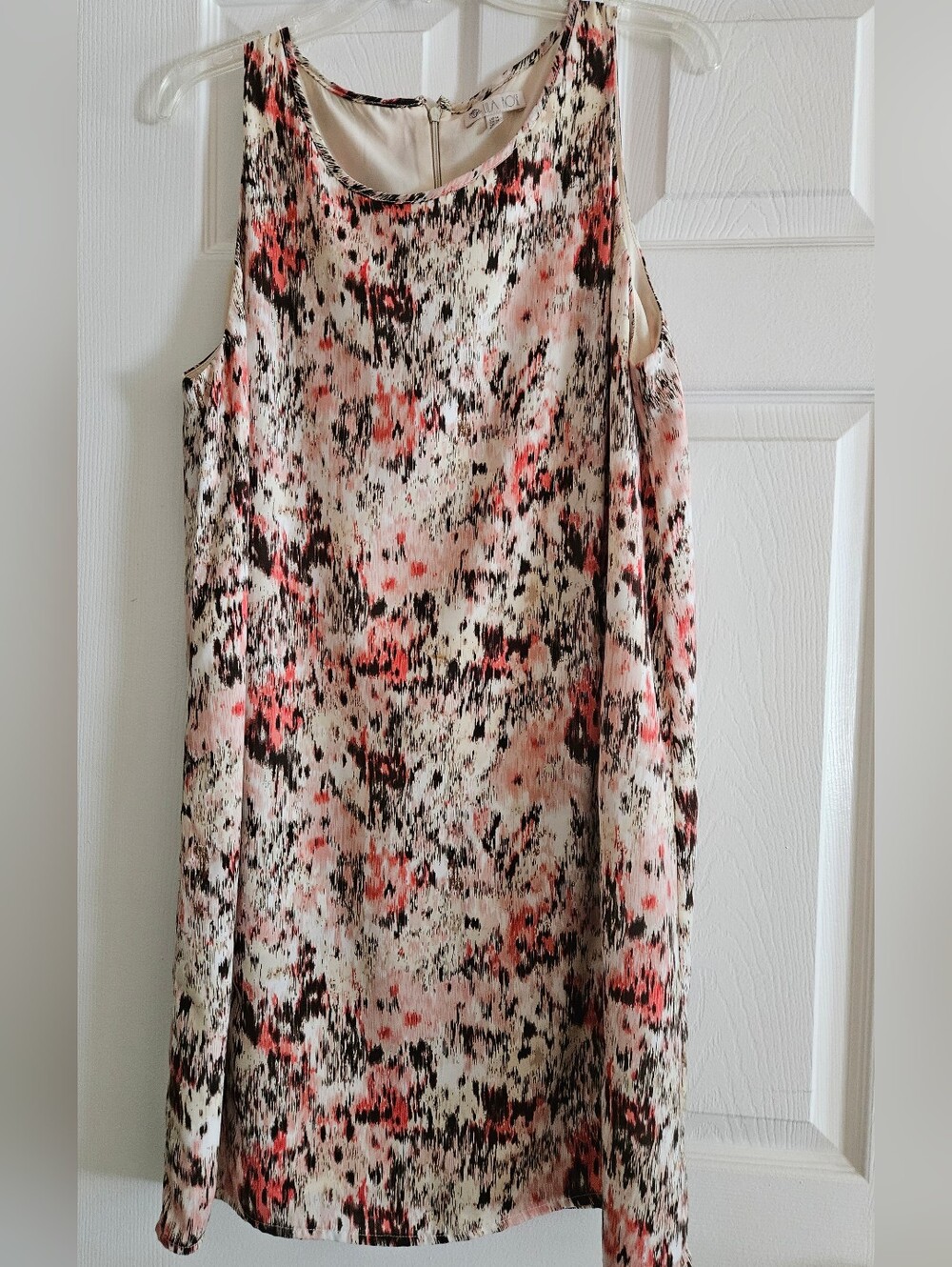 Lila Rose Sleeveless Printed Shift Dress - Coral/Brown/Peachy Pink Size 14